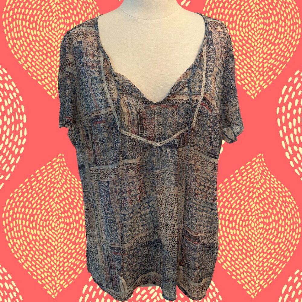 Indigo Collection Short Sleeve Sheer Pattern Blouse, L